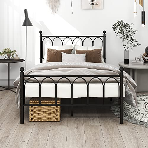 Diahomy Bettgestelle 120 x 200 cm, Metallbett mit Lattenrost, Doppelbett, Bettrahmen mit Kopfteil, Gästebett, Schwarz