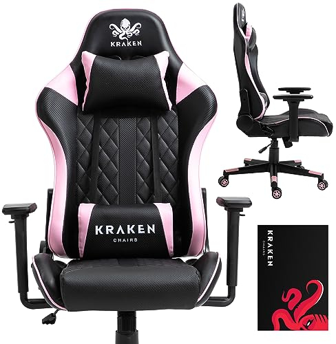 KRAKEN CHAIRS Sedia Gaming, Sedia da Gioco, Regolabile in altezza, Ergonomica, Bracciolo regolabile 3D, Poggiatesta regolabile, Cuscino lombare, Nero-Rosa