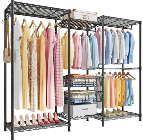 Uptyia Portant métallique à 4 niveaux, rail à vêtements haute résistance avec étagères, charge maximale 500 livres, grand organisateur pour vêtements, noir