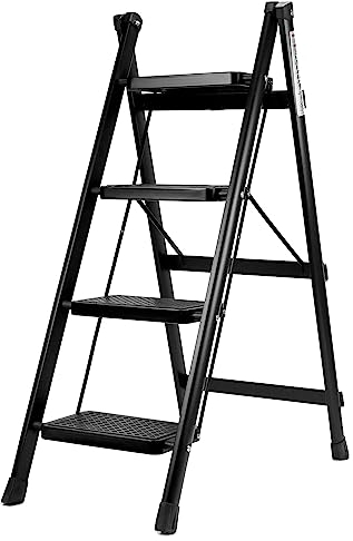 QWORK® 4 Step Folding Ladder, Steel, 150 kg Load, for Kitchen, Library