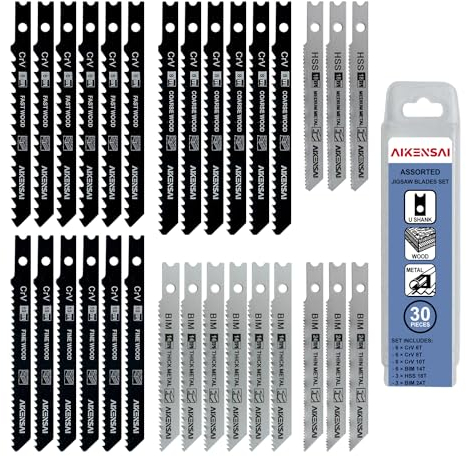 AIKENSAI 30-Piece 6T 8T 10T 14T 18T 24TJigsaw Blades U Shank for Wood Plastic Metal Jig Saw Blade Set Compatible with U-Shank Jig Saws Bosch DeWALT SKIL Black and Decker etc