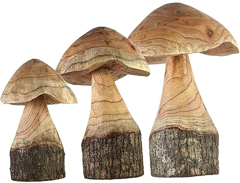 ART-CRAFT Naturnahe Holzpilz-Deko Set mit 3 handgeschnitzten Pilzen 35-30-25 cm hoch - Für Balkon, Terrasse, Garten