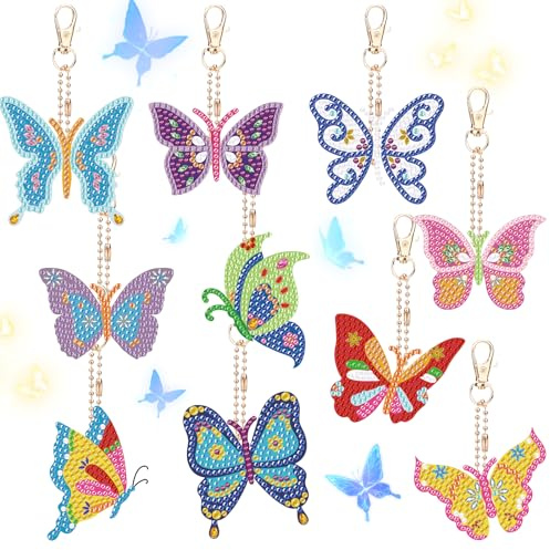 10 Pièces DIY Painting Diamant Porte Clef Papillons Double Face Strass Art Pendentif Keychain Broderie Diamant Porte Clef Animaux Mosaïque Peinture Portes-Clés pour Voiture Sacs Téléphone Décoration