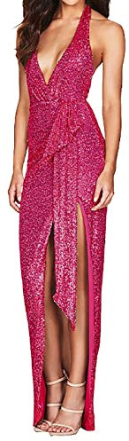 Vestidos de invitada de boda de otoño para mujer, sin mangas, cuello halter, sexy, escote en V profundo, sin espalda, vestido de lentejuelas para mujer, vestidos formales de noche, hot pink, S