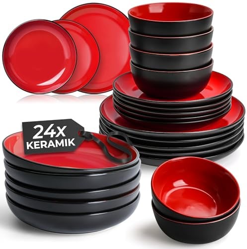 MIAMIO – Service de Table 24 Pièces, pour 6 Personnes/Vaisselle en Grès – Comprend des Assiettes, Assiettes Creuses et Bols – Compatible Micro-ondes & Lave-vaisselle – Collection Le Papillon (Rouge)
