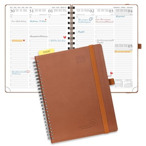 POPRUN Kalender 2025 Wochenplaner (Aug.2024-Dez.2025) Ringbuch mit Softcover, ca. A5 (22 x 16,5 cm), 17-Monate-Terminplaner 2025 1 Woche 2 Seite mit Zertifiziertem Papier - Braun