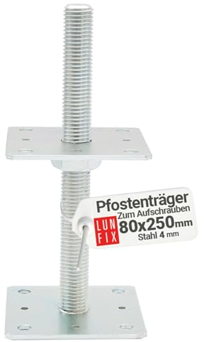 Pfostenträger Zum Aufschrauben 80x80x250 mm- 1 Stück - Regulierbar - Feuerverzinkt – Höhenverstellbar - Betonanker Sockel - für Zaunpfosten