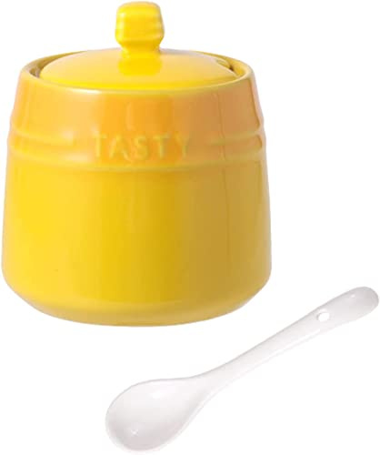 Ceramic Sugar Bowl, Sugar Dispenser,French Gradient Ceramic Sugar Pot with Lid, Solid Sugar Bowl with Spoon, Porcelain Spice Jar, Kitchen Decoration Storage-Red (Color : Rood) (Color : Geel)