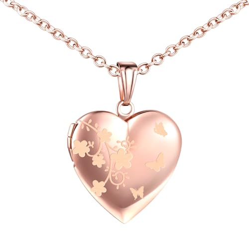 MICMIF Collier Médaillon Cœur avec Fleurs et Papillons, Acier inoxydable Pendentif Porte Photo Médaillon pour 2 Photo Personnalisé Pendentif avec Chaîne 50cm Bijoux pour Femme Filles