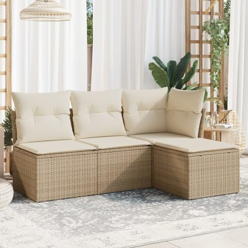 ULUYYUC 4-TLG. Garten-Sofagarnitur, Gartenbank Küchensofa Polsterbank Eckbankgruppe Geeignet für Garten Hinterhof Balkon Außenbereich mit Kissen Beige Poly Rattan