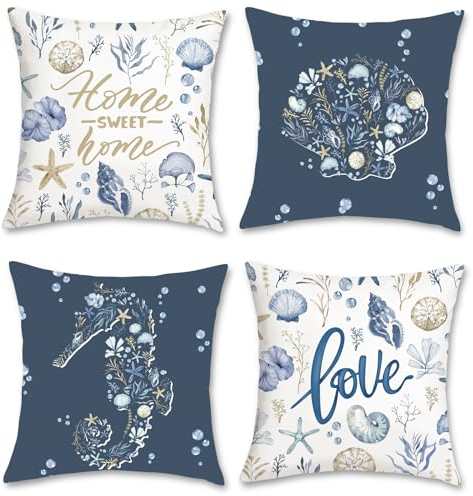 Bonhause 4er Set Kissenbezüge Küsten 45 x 45 cm Seepferdchen Muschelschale Strand Dekorative Kissenhülle Marineblau Zierkissenbezüge für Sofa Schlafzimmer Zuhause Dekoration