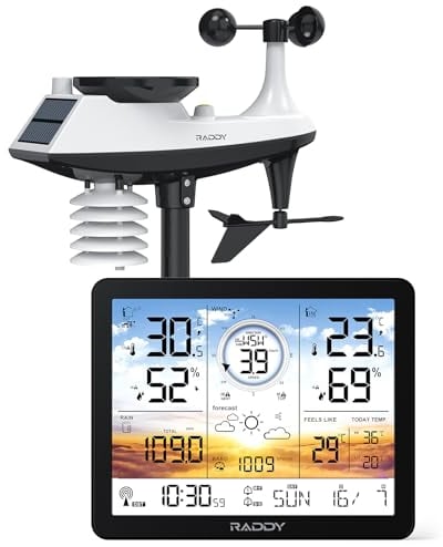 Raddy AG7 Wetterstation Funk mit Außensensor Thermometer Hygrometer, 7,4'' Digital Display DCF-Funkuhr, Temperatur-Feuchtigkeits-Monitor mit Wettervorhersage und Barometer