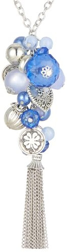 Bulinlin Silber Lange Kette Damen Silber Anhänger Kette mit Quasten Modeschmuck Kette Lang Geburtstagsgeschenk für Frauen(Sapphire)