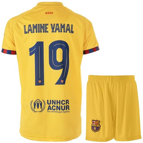 Hawkara Barcelona 2024/2025 Yamal #19 Kinder Auswärts Trikot mit Kurz, Neu Saison, Fußball Trikot Set Jugendgrößen (Gelb,140)