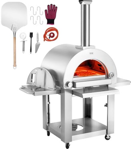 VEVOR Horno de Pizza de Combustible Dual para Uso al Aire Libre, Horno de Pizza para Exteriores Alimentado con Pellets y Gas con Piedra de Pizza de Cordierita Espesa, 1520 x 915 x 1830 mm, Plata