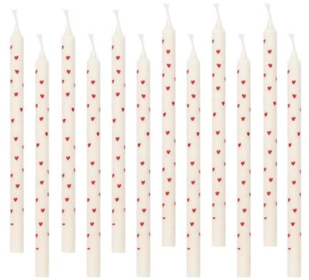 ukiyo Weiße dünne Stabkerzen mit roten Herzen H:20 cm Ø:1,3 cm Brenndauer 3 Stunden Kerze Liebe Freundschaft, Farbe:12er Pack