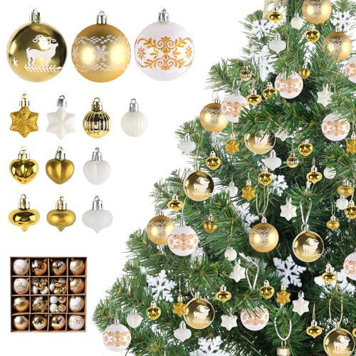 Jemmytu 52 Pezzi Palline di Natale Rosse Bianche Verde Oro Nero, Decorazioni Albero di Natale, Palle di Natale con Cordino, Decorazioni Natalizie (Bianco+Oro)