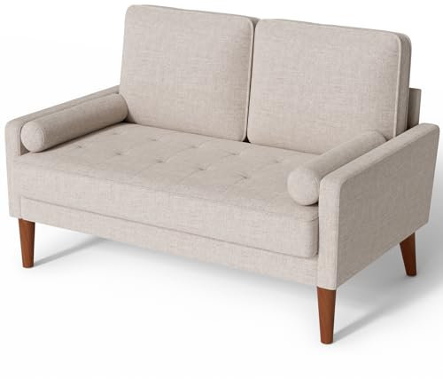 Vesgantti Linen Sofa With Spring Cushion - Small 2 Seater for Living Room, Bedroom, Office - Comfy Couch With Armrests - Modern Love Seat in Ashbeige