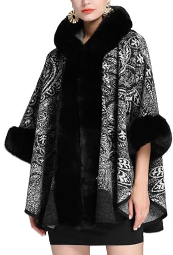 LIUYUYOUGO Stola Damen Festlich Damen Winter Poncho Cape Mit Kapuze Und Pelzkragen Retro Jacquard Kunstpelz Schal Wickelstola Winter Warm Oversize Cardigans Kapuze Wollmantel Für Hochzeit Abendpart