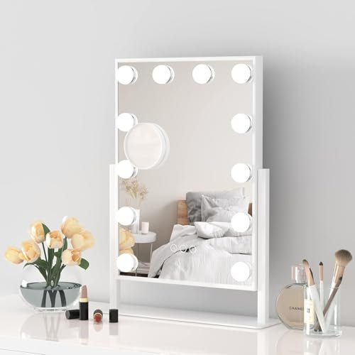 Moziel 30x41cm Specchio da Trucco Hollywood, Specchio Trucco con Luci a 12 Led sul Tavolo, 3 Colori di Luce e Funzione di Luminosità Regolabile