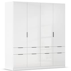 Rauch Möbel Aberdeen, Drehtürenschrank, Kleiderschrank, Schrank, Garderobe, 4-türig, 8 Schubladen, Farbe Weiß/Hochglanz weiß, Griffe Grau metallic, 181x197x54cm