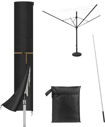 PORFOYO Wäschespinne Schutzhülle, 170 X 32 cm Wäschespinne Abdeckung, 420D Oxfordgewebe Abdeckung Wäschespinnes, Wäscheschirme Abdeckungs Hülle Mit Reißverschluss Und Aufbewahrungstasche (Schwarz)