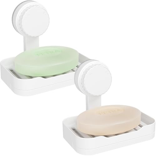 Lifewit Ventosa Portasapone per Doccia, 2 Pezzo Porta Saponetta con Scarico, Porta Sapone in Plastica senza Foratura, Portasapone Rimovibile da Parete per Doccia, Portaspugna da Cucina, Bianco