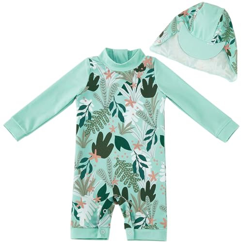 UMELOK Bañador Infantil Anti-UV 50+ para Niños y Niñas - Capucha Integrada, Mangas Largas y Secado Instantáneo 86/92 Planta Verde