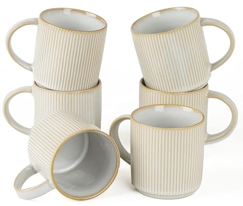 Richmount Star Coffee Mugs Set of 6, 12oz/340ml Stoneware Tea Cups with Large Handle for Latte/Cappuccino/Milk/Cocoa/Tea, Microwave & Dishwasher Safe, Cappuccino White