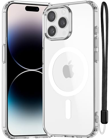 NEW'C Magnetisch Hülle für iPhone 14 Pro Max (6,7 Zoll) kompatibel mit MagSafe Ultimate, stoßfest-starker Magnetismus und militärischer Schutz-schlanke Hülle mit Umhängeband-Transparent