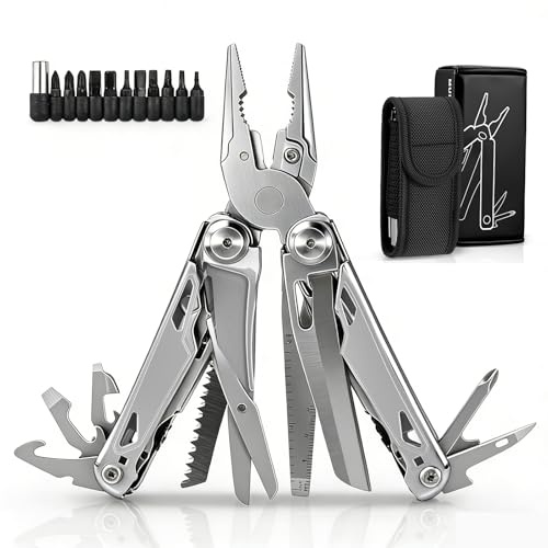 28 in 1 Multitool Werkzeug mit Gurtcliptasche, Faltbares Edelstahl Outdoor Messer Survival Multifunktionswerkzeug Perfektes Camping Zubehör, Klappmesser Geschenk für Outdoor, Camping, Reparieren