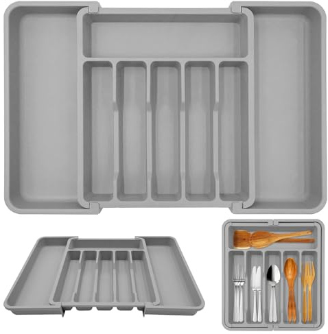 Mritrit Expandable Cutlery Drawer Organiser 60cm with 6-8 Compartments, Non-Slip Silverware Tray for Kitchen Spoons Forks Knives Gray