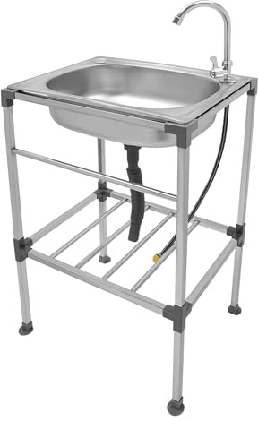 BJTDLLX Edelstahl Spültisch Freistehende Waschbecken mit Unterschrank, Küchenspüle Gewerbliche Spüle Outdoor Edelstahlspüle, mit Kalte Wasserhahn, Tragfähigkeit 132.28lbs (53x38x83cm)