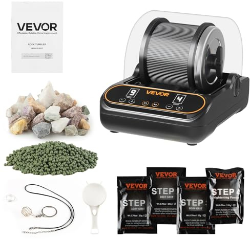 VEVOR Rock Tumbler, 1 lb Rock Polishing Machine, Rocks Tumbling Kit with 4-Speed Adjustment, 1–9 Day Timer, PC Sound Reduction Cover & TPU Drum, Direct Drive Motor Rocks Polishing, Quiet Operation