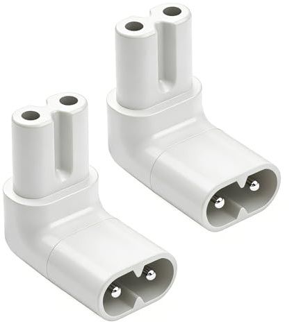 Powice 2 Stück C7 auf C8 Rechtwinkliges Adapter Stecker,Eurostecker Winkel für 90 Grad IEC C7 Buchse Netzkabel 2 Polig,C8 Männlich zu C7 Weiblich Verlängerung Stromadapter für Laptops Drucker, Weiß