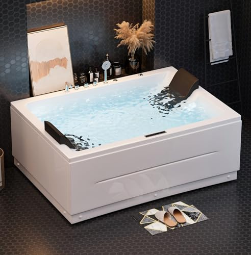Homary 71 Inch Whirlpool Bathtub, 2 Person Acrylic Rectangular Jetted Tub with 38 Jets, Color Lights, Faucet and Drain Included, Back to Wall White