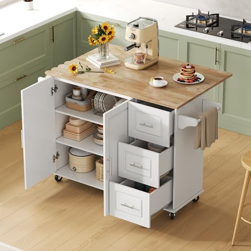 Ktipm Isla Cocina con Ruedas y Tablero Plegable, Isla de Cocina con 3 Cajones y 2 Puertas, Mueble Auxiliar Cocina con Estante Ajustable y Toallero, para Cocina y Comedor, 137x43-76x92 cm, Blanco