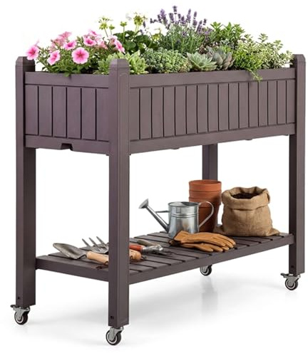 HOMASIS Jardinière Surélevée Mobile avec roulettes et Étagère de Rangement, Bac à Plantes en PP avec Trou de Drainage, Lit de Jardin pour Terrasse et Balcon, 108x44x88.5cm, Marron