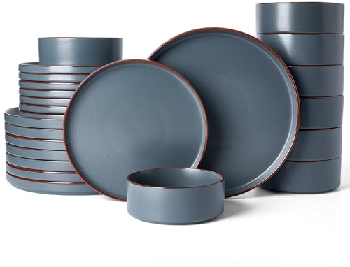 Richmount Halo Plates and Bowls Set, 24 Pieces Dinner Set for 8, Stoneware Dinnerware Sets with Dinner Plates/Salad Plate/Cereal Bowls, Dishwasher & Microwave Safe, Charcoal Grey