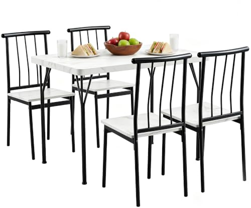 Yaheetech Juego Mesa y 4 Sillas de Comedor Madera 110X70 cm Blanco/Negro | Conjunto Mesa y 4 Sillas de Comedor, Tablero de 4 cm, Sillas Apilables, Estilo Industrial,para Cocina Pequeña, Terraza