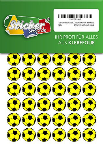 135 Aufkleber, Fußball, Sticker, 20 mm, gelb/schwarz, aus PVC, Folie, bedruckt, selbstklebend, EM, WM, Bundesliga