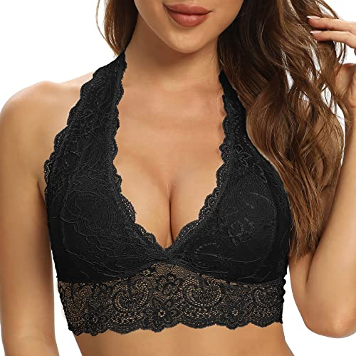 SHEKINI Women's Sexy Halterneck Bra for Womens V Neck Lace Bra Padded Soft Cups Crop Top, Black, X-Large