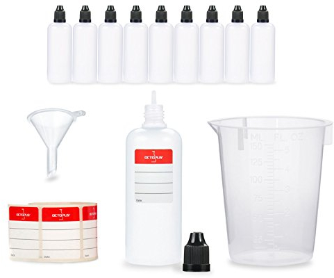 Octopus 10-Pack 100ml LDPE Plastic Bottles with Black Lids, Funnel + Measuring Cup + Labels. Dosing, Dropper or Squeeze Bottles for Crafts, Hobbies, Cosmetics, Catering