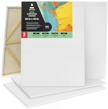 Toile blanche tendue Arteza 76,2x101,6 cm, paquet de 5, pré-enduites, 100% coton pour la peinture acrylique, la peinture à l'huile et les techniques d'art humide, toiles pour tous les artistes