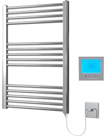 Greened House Electric Chrome 600W x 800H Flat Towel Rail + Timer and Room Thermostat Bathroom Towel Rails