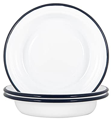 Argon Tableware White Deep Bowls - 19cm - Pack of 12 - Blue Metal Enamel Cereal Lightweight Camping Serving Bowls for Snacks, Pasta, Cereal, Salad