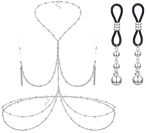 Longita Körperketten Hals Nippel Taille Kette Lange Bikini Schmuck Fake Brustwarzenpiercing für Damen Non Piercing Nippel Ring mit Halsketten Einstellbar