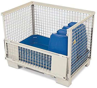 Gitterbox zur Lagerung von Gefahrstoffen mit Auffangwanne aus Kunststoff, 835 mm x 970 mm x 1240 mm, grau, Auffangvolumen 130 Liter