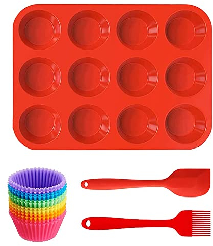 SPEACOUR Silikon Muffin Backform Antihaft-Silikon Backformen Set Rot Silikon-Muffinform Muffin Backblech mit 12 Muffinblech, 1 Pfannenwender, 1 Ölpinsel für Kuchen, Cupcakes, Kekse, Eiermuffins