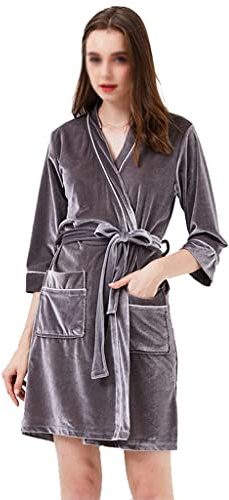 Soft Velvet Nightdresses For Elderly Women Short Cozy Bath Robes Plus Size Men Comfy Trap Door Pajamas Matching Sleepwear Dressy (Color : Gray, Size : M-95cm)